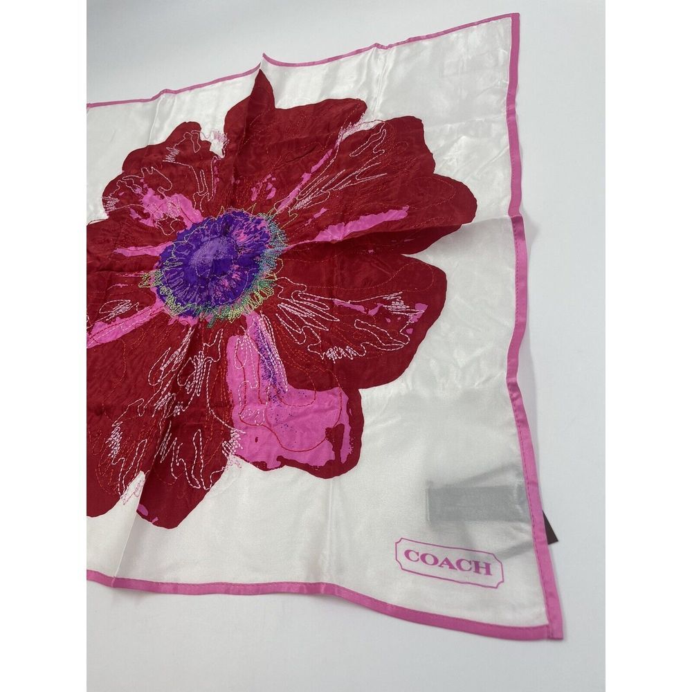 Coach Vintage 100% Silk Bandana Poppy Embroidered Red Pink 17" HTF Peace NWT - Picture 4 of 11